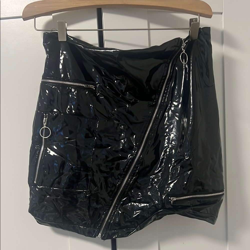 Fashion Nova Black Asymmetrical Patent Leather Mini Skirt